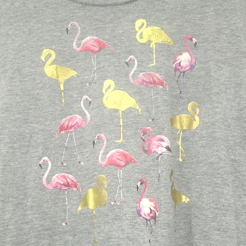Gray Short Sleeve Tshirt Novelty Pink & Golden Flamingo Print Collectors Item